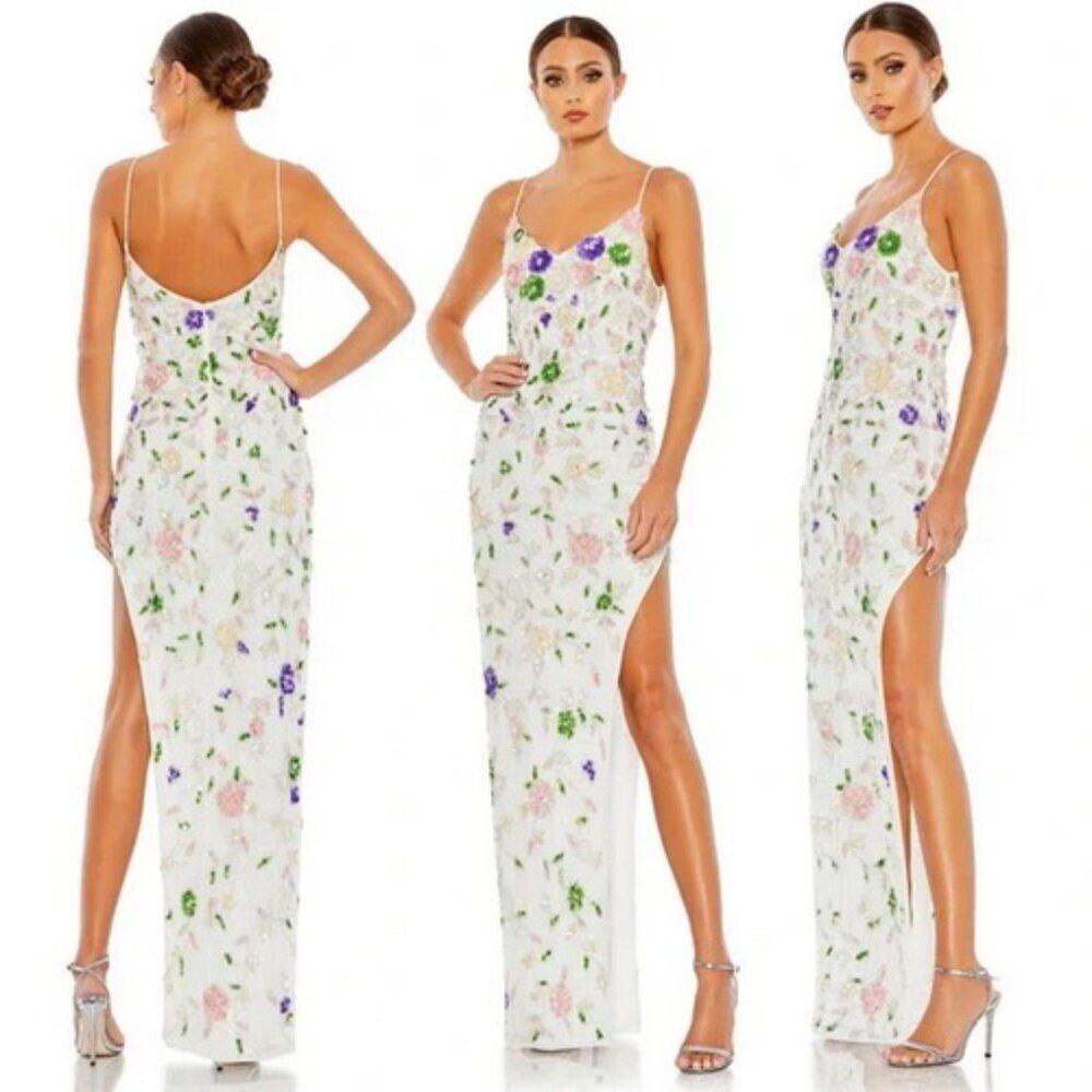 Mac Duggal White Embellished Lace Sleeveless V-neck Thigh Slit Gown